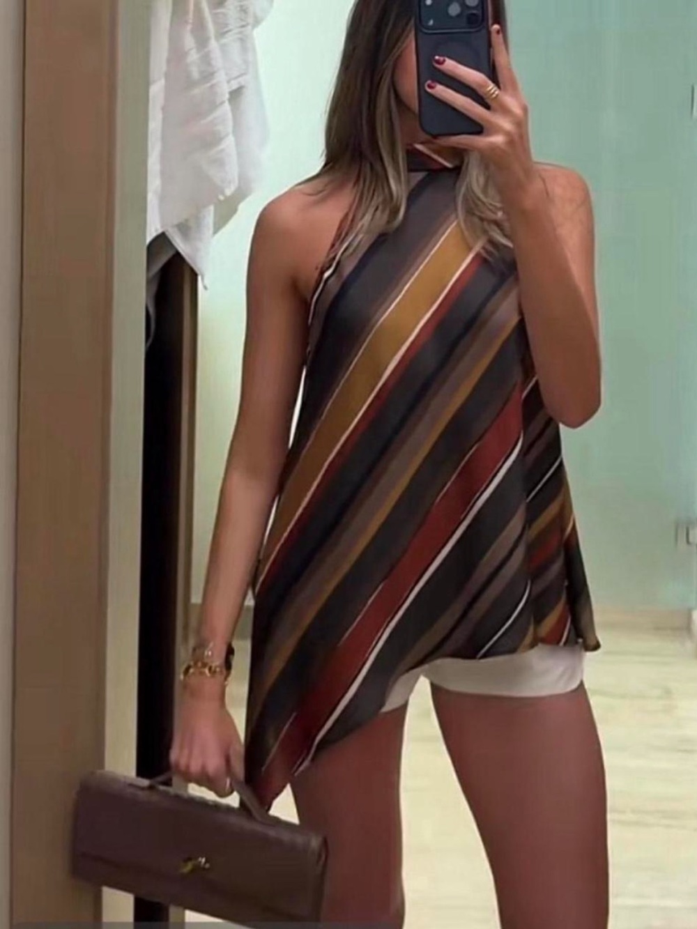 Zara Multi-Stripe Halter Neck Top in Black, Brown, Mustard & Rust